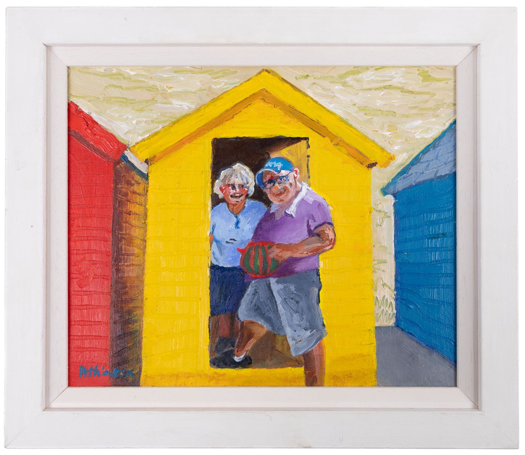 Sue Atkinson (British 1949-): 'Tea for Two' Whitby Huts, oil on canvas signed 24cm x 29cm 