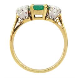 18ct gold three stone emerald and round brilliant cut diamond ring, emerald approx 0.55 carat, total diamond weight approx 0.45 carat