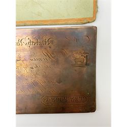 19th Century provincial Narbeth and Pembrokeshire bank copper banknote printing plate for ten pounds, housed in a card sleeve the front being printed with the banknote design 