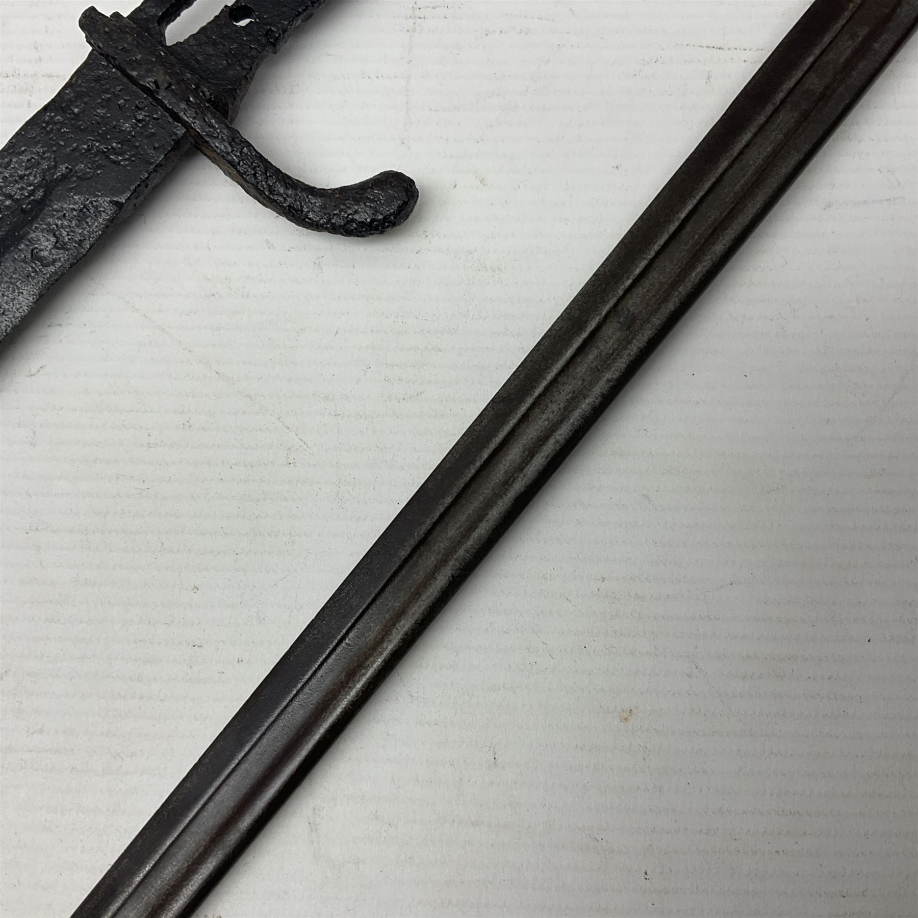 WWI Prussian S98 bayonet with 52cm fullered steel blade dated 1906 to pipeback and marked Solingen to ricasso, regimentally stamped to cross guard 56.R.11.2. for 56 Infanterie Regiment, 11 Kompanie, Waffe 2, L65cm overall; and another in battlefield relic condition (2)
