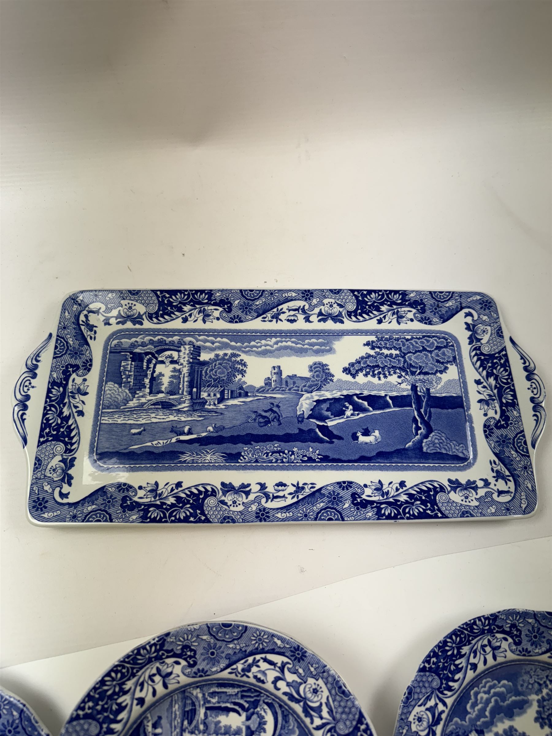 Spode Italian pattern tea service, comprising teapot, milk jug, open sucrier, six cups and saucers, two coffee cans and saucers, six dessert plates, four mugs and a sandwich plate (30) 