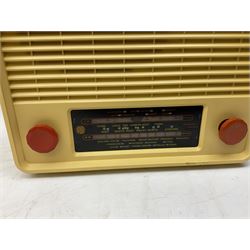1950s Pye Type P43 cabinet radio in cream Bakelite case with orange knobs, W30cm H22cm D16cm, together with Ever Ready Sky Queen portable radio, Ekco portable radio in red case, Boxed Bush Special Edition 2002 Queens Golden Jubilee radio, Hacker Herald VHS radio (5)