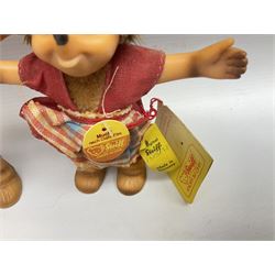 Group of Steiff figures, comprising Mikki and Mukki, circa 1950s no 7628/12 and 7627/12, with original tags, two hedgehogs no 1570/10, and another smaller 1670/03, small owl no 7480/06, and painted metal Steiff harlequin style bear