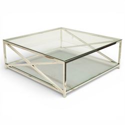 Modern chrome and glass coffee table, square plate glass top on polished chrome frame, the...