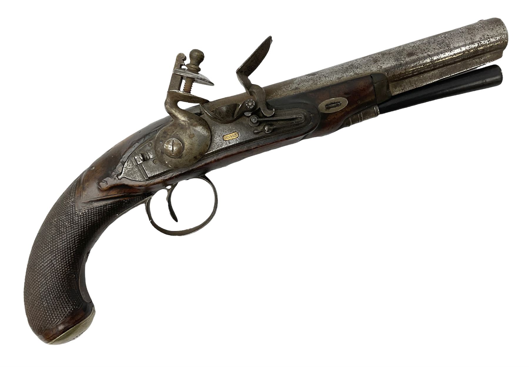 Early 19th century flintlock pistol by George Wallis Hull, the 16cm barrel with ram rod under, chequered walnut stock with sunburst engraved German silver butt cap and horn fore-ends, engraved steel furniture with pineapple finial, gold poincon for Hull to top of barrel and for Wallis to lock plate 30cm overall
