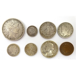  Collection of United States of America coinage 1834 five cent 'liberty cap half dime', 1898 Barber half dollar O mintmark, 1883 five cent, 1899 one cent, 1911 one dime, United States of America 'Filipinas' twenty centavos and ten centavos and a 1944 quarter dollar D mintmark (8)  
