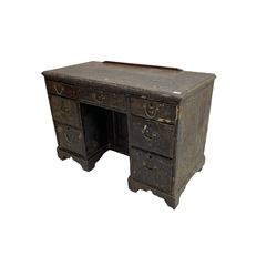 19th century scumbled pine kneehole desk, rectangular top with moulded edge, fitted with single frieze drawer flanked by six graduating drawers, on bracket feet