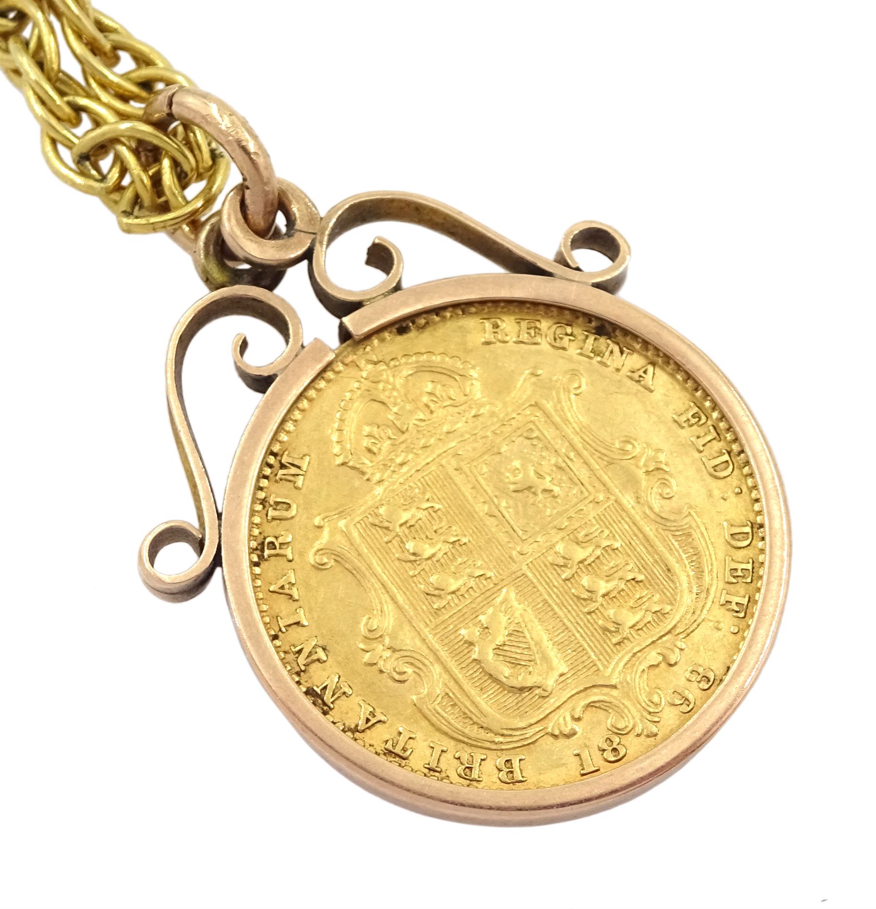 Queen Victoria 1893 gold half sovereign coin, shield back, loose mounted in gold pendant, on gold Singapore link chain necklace, both 9ct