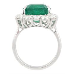 18ct white gold octagonal cut emerald and round brilliant cut diamond cluster ring, stamped, emerald approx 10.05 carat, total diamond weight approx 1.85 carat