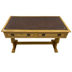 Late 19th century satin wood writing table, fitted with two frieze drawers, inset leather top, stretcher base