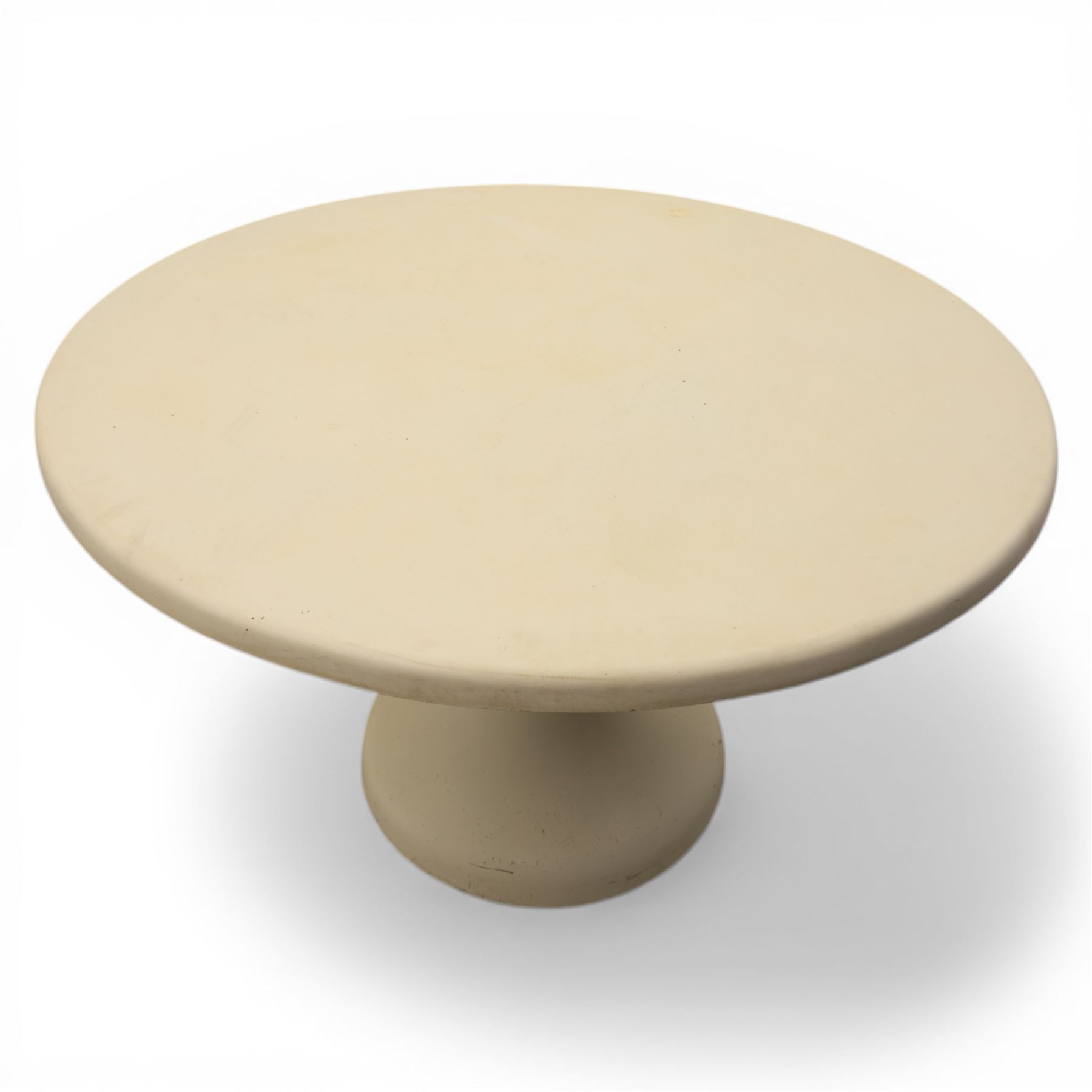 Mid 20th century tulip round white fiberglass table, tapered column base on a circular plinth