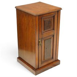 Pair of late 19th century figured walnut bedside cabinets, rectangular top with moulded edge, over a cupboard door with burr panels enclosing single shelf, on plinth base