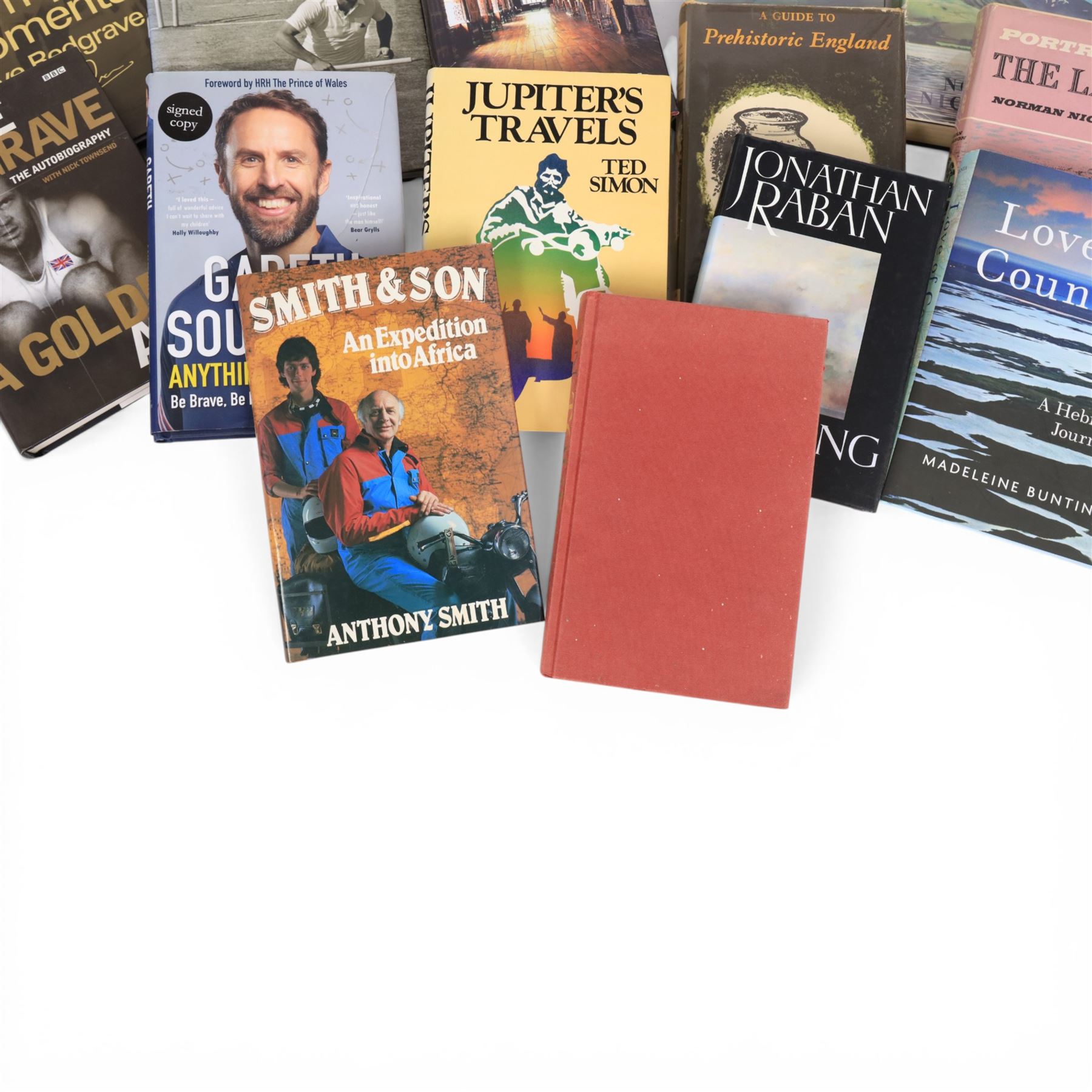 Ten travel related books, including Ted Simon Jupiter's Travels, On Tour The British Traveller in Europe, Norman Nicholson The Lakers, Greater Lakeland and Portrait of the Lakes and Nicholas Thomas A Guide to Prehistoric England and signed sporting books and photographs, comprising Johnny Wilkinson 11.5 x 8