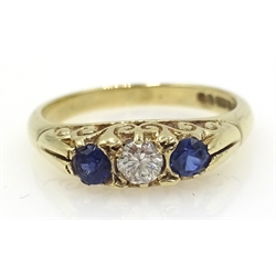  Three stone diamond and sapphire gold ring, hallmarked 9ct  