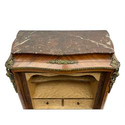 Mid-20th century Louis XVI design Kingwood and walnut secretaire à Abattant, shaped serpentine form with dark rouge variegated marble top, the fall front disguised as three drawers enclosing birdseye maple interior with shelf, drawers and writing surface, four functioning drawers below, decorated with cast gilt metal mouldings and mask cartouches, on skirted base with egg and dart moulded gilt metal edge