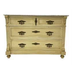 Mid to late 20th century French style chest with marble top, cream and waxed finish, fitted with two short and two long drawers
