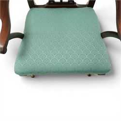 Georgian design mahogany elbow chair, the shaped top rail over a pierced vase shaped splat, swept open arms on square supports, upholstered drop-in seat, raised on cabriole legs terminating in pad feet
