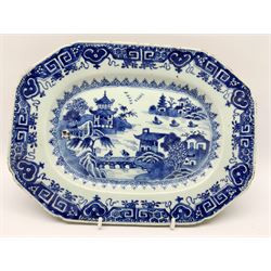 Small late 18th/early 19th century Chinese export blue and white platter, decorated with a central waterside landscape set with fishing vessels, pavilions and two figures upon a bridge, W29cm, together with a pair of similarly decorated octagonal plates, D16cm 