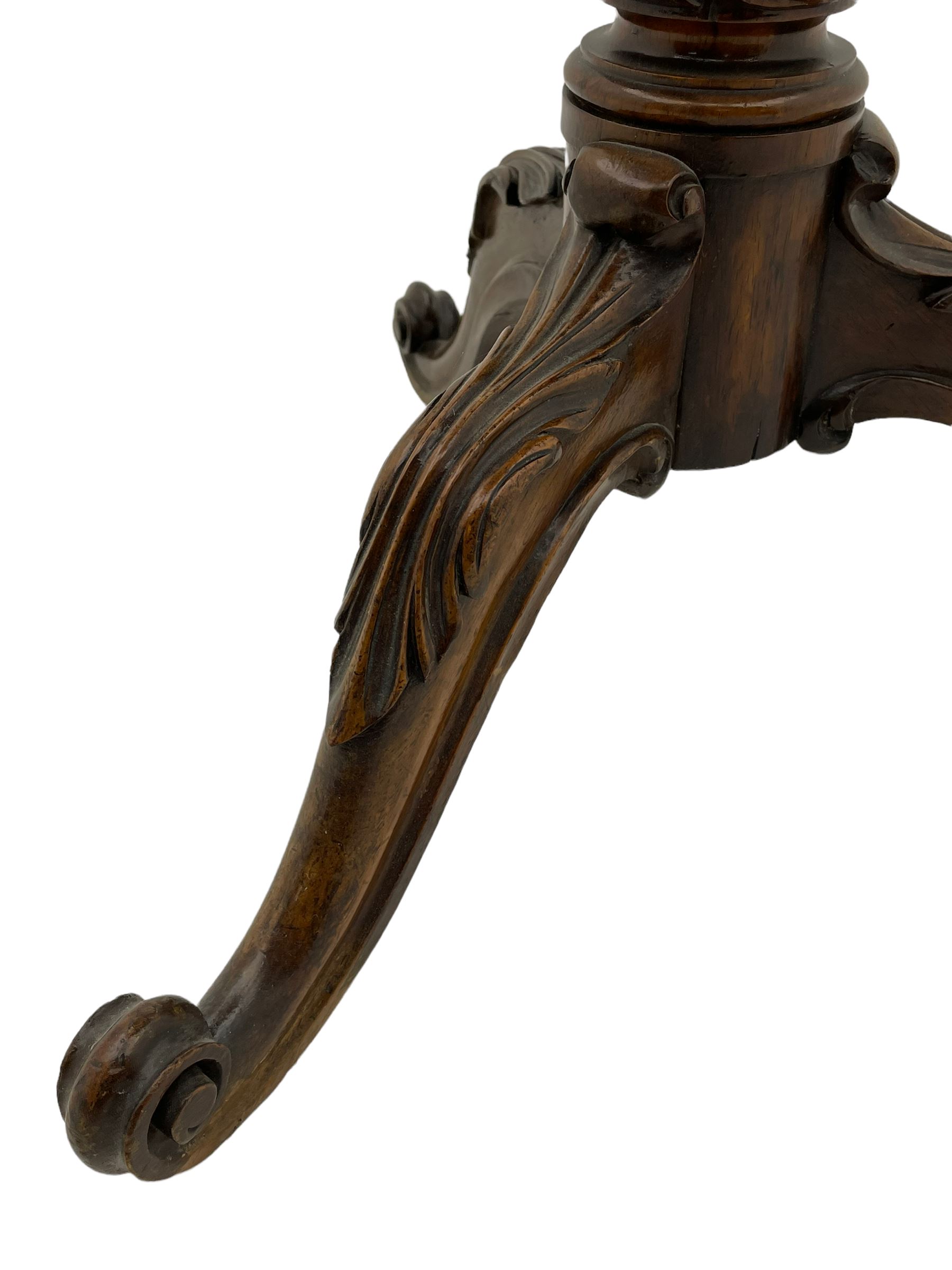 Early Victorian rosewood tripod pedestal table, circular moulded top hand painted with flowers and birds on slate, on tapered hexagonal column with carved acanthus leaf baluster, three splayed supports carved with foliage and scrolling terminals 