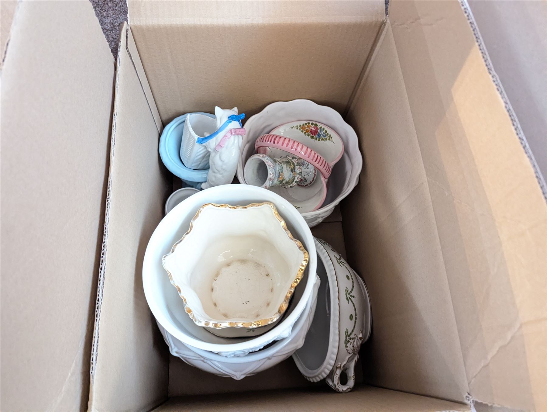 Three boxes of mixed porcelain planters, pots, jardenieres, stands, etc Provenance: from the Kirkham Hall estate.