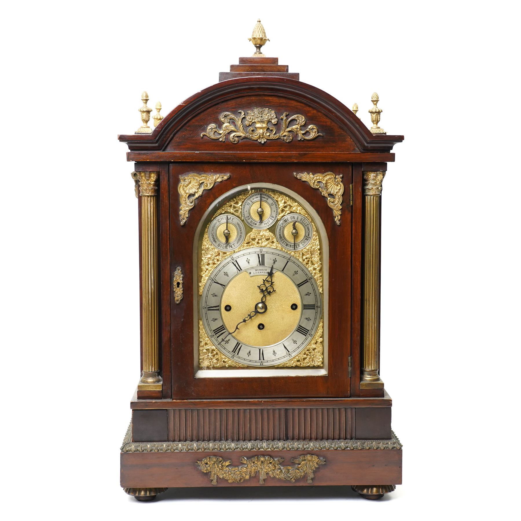 Late 19th century bracket clock with three train movement, Westminster Chimes on eight bells and gong strike, the brass dial inscribed 'Webber Liverpool' with gilt brass mounts in mahogany dome top case with pineapple finial, brass handles and classical columns on compressed circular feet H76cm