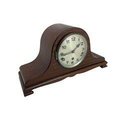 Mid 20th century mahogany cased Tambour mantle clock, Westminster chime with a silvered dial