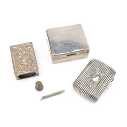 Group of silver, comprising Edwardian cigarette case, of rectangular form with embossed cartouche and band decoration, hallmarked John Round & Son Ltd, Sheffield 1909, 1920s silver mounted cigarette box, with personal engraving to hinged cover and softwood interior, hallmarked Birmingham 1926, and a Victorian matchbox cover with embossed decoration, hallmarked William Comyns, London 1898, thimble and a toothpick, both hallmarked, cigarette box H3.5cm