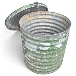 Galvanised storage drum with cover, of ribbed design in rustic green-painted finish