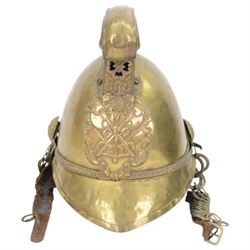 British fire brigade Merryweather pattern brass helmet, with a leather inner, and chain chin strap, H26cm