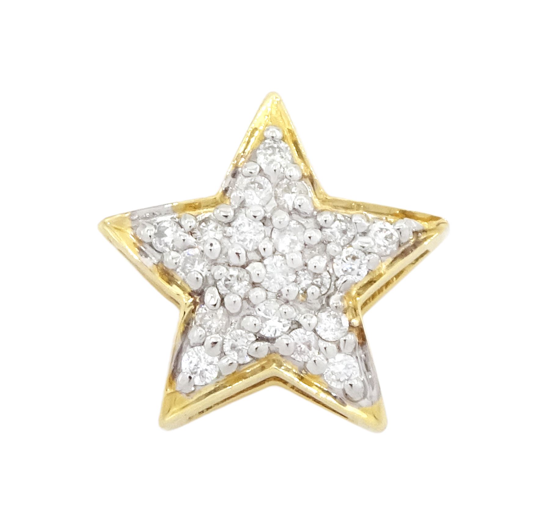 14ct gold diamond star pendant, white gold pave set round brilliant cut diamonds, applied to a yellow gold background