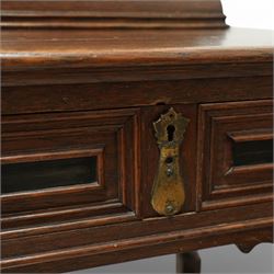 Late 19th to early 20th century Bonheur de Jour or writing bureau, the upper section enclosed by fall front decorated with geometric mouldings and oval inlaid panels depicting floral urns and swags, fitted with document divisions and two small drawers, the lower section fitted with two drawers with applied mouldings, on turned supports united by undertier, 'Hobbs & Co of London' locks