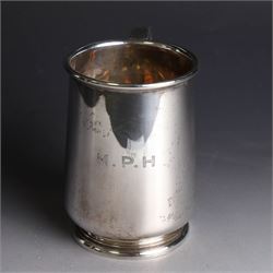 1930s silver christening mug, of slightly tapering cylindrical form and C scroll handle, engraved with initials to body, hallmarked Birmingham 1933, maker's mark worn and indistinct, H10cm
