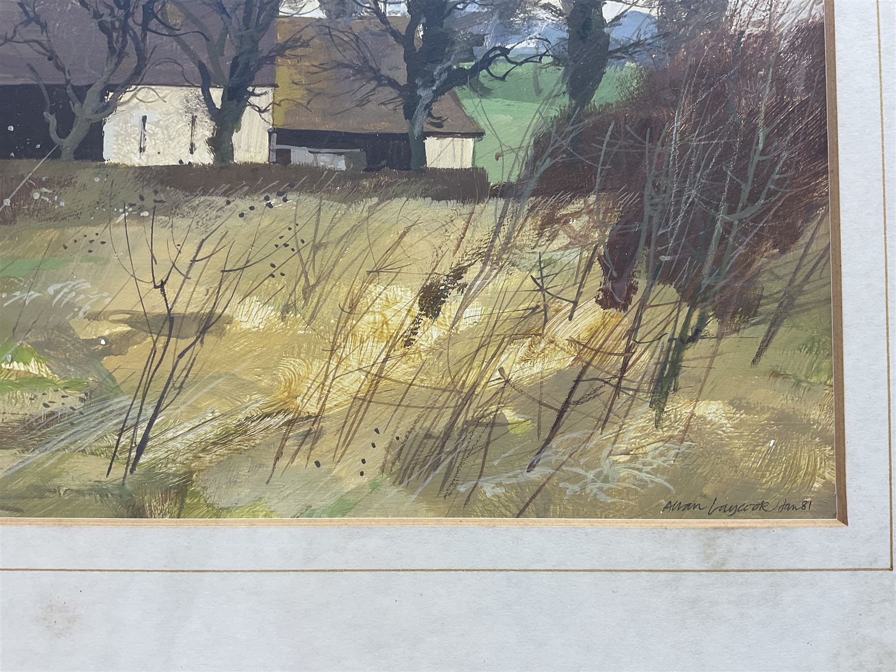 Allan Laycock RWA (British 1928-2020): 'Farm Buildings near Gadfield Elm - Staunton', acrylic and watercolour signed and dated 1981, 18.5cm x 34.5cm 