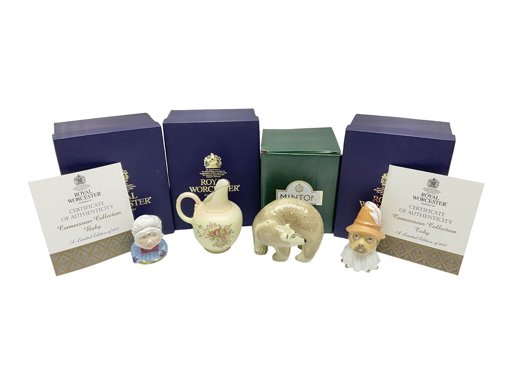 Two Royal Worcester candle snuffers from the connoisseur collection, comprising of Baby and Toby, together with Minton Fawn on Ivory Polar Bear and one other, all with original boxes 