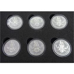 Queen Elizabeth II Jersey 'H.M. Queen Elizabeth II Portraits The Sculptors' Set', comprising six silver five pound coins dated 2015, cased with certificate