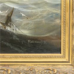 Michael J Whitehand (British 1941-): Sailing Galleons with View of Sinking Ship, oil on canvas signed and dated '86, 45cm x 60cm