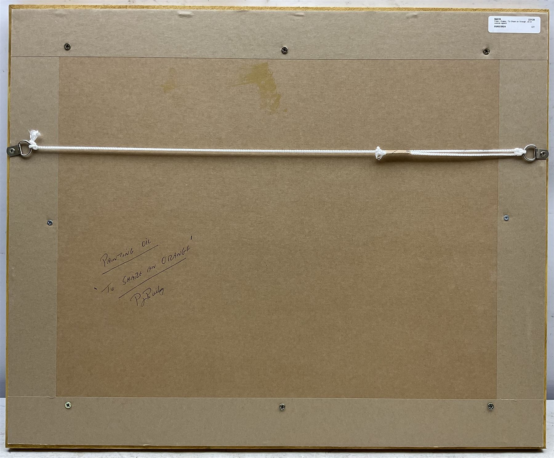 Peter J Bailey (British 1951-): 'To Share an Orange', oil on canvas signed, titled verso 41cm x 51cm