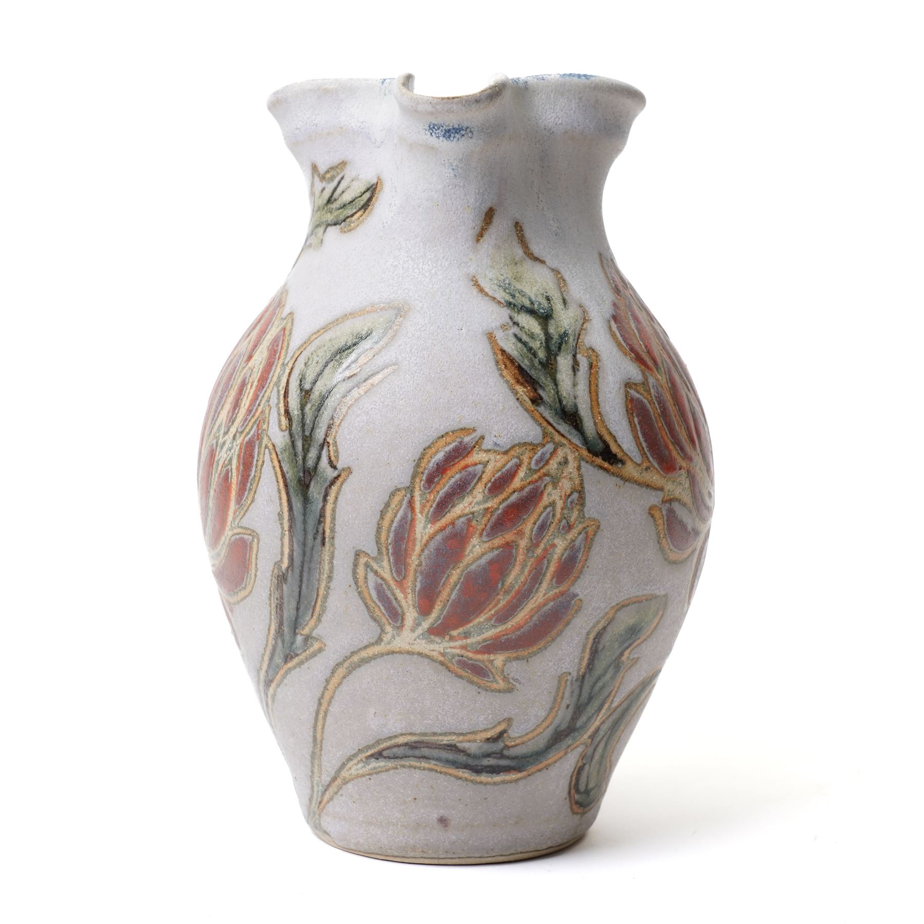 John Egerton (c1945-2024): studio pottery jug, decorated with artichoke on a blue ground, with mark beneath, H22cm 