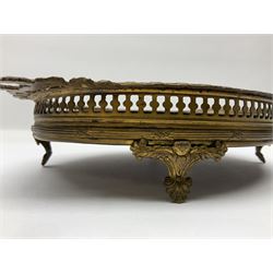 Twin handled galleried card tray, with yew base, upon four shell feet, L25cm, H5cm