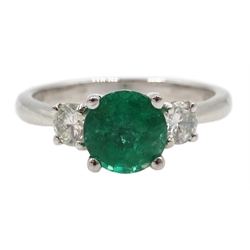  18ct white gold round emerald and diamond three stone ring hallmarked, emerald approx 1.3 carat  