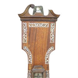 Three wheel barometers, a mother of pearl inlaid mahogany case, swan neck pediment, thermometer and circular dial, H 92cm, the second Sheraton Revival style with floral inlay, swan neck pediment, thermometer and circular dial, H 102cm, the third Sheraton Revival style, H 95cm (3)