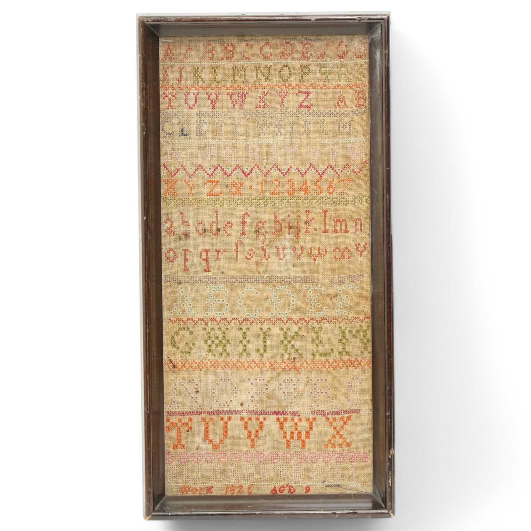 George IV alphabet sampler by Elizabeth P- aged 9, dated 1826, and another by Mary Hutchinson aged 12, dated 1839, larger 47cm x 24cm (2)