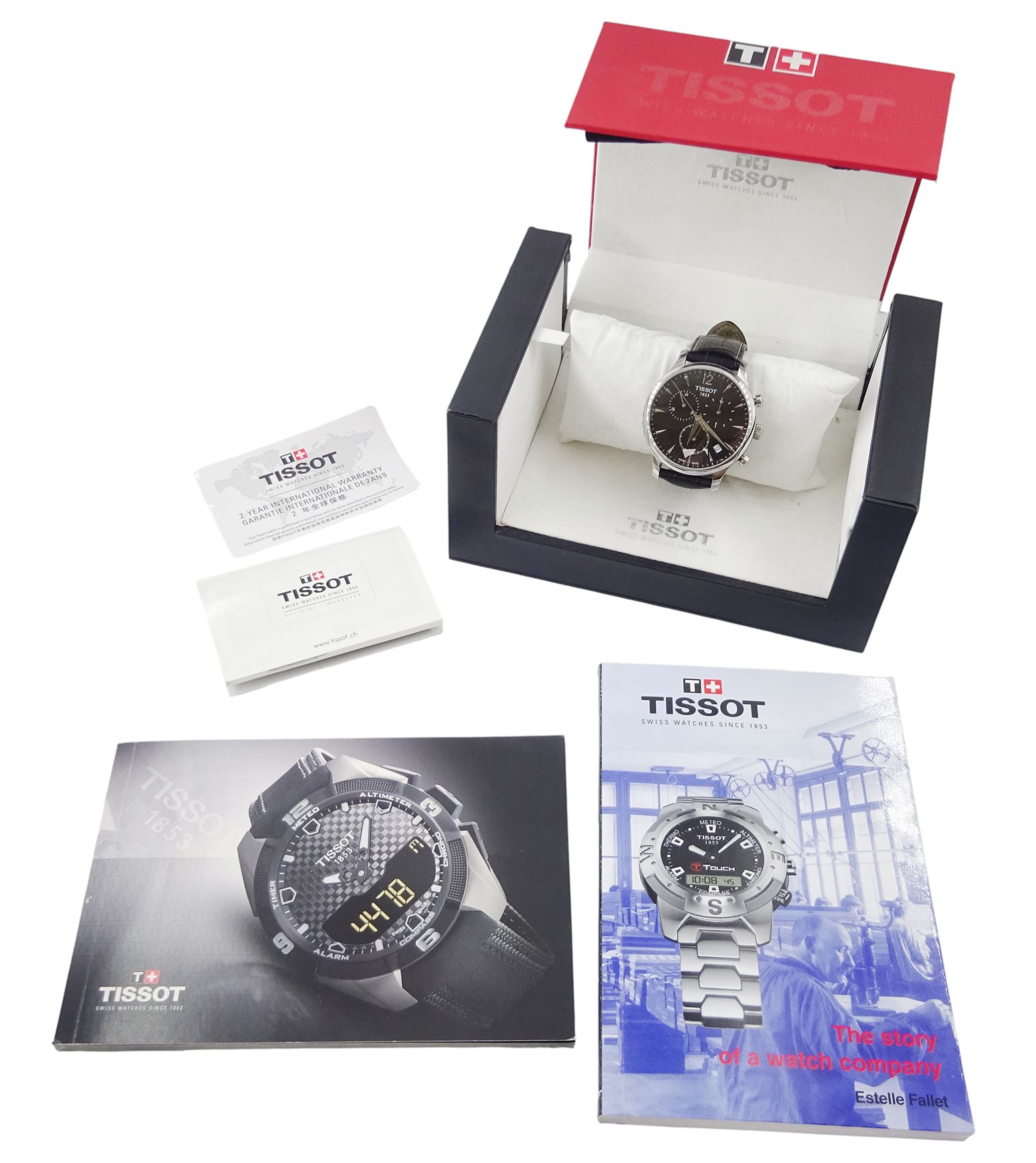 Tissot Traditional gentleman's stainless steel chronograph quartz wristwatch, Ref. T063617A, black dial with dagger hour markers and date aperture, on black leather strap with stainless steel fold-over clasp, boxed with warranty card dated 2016