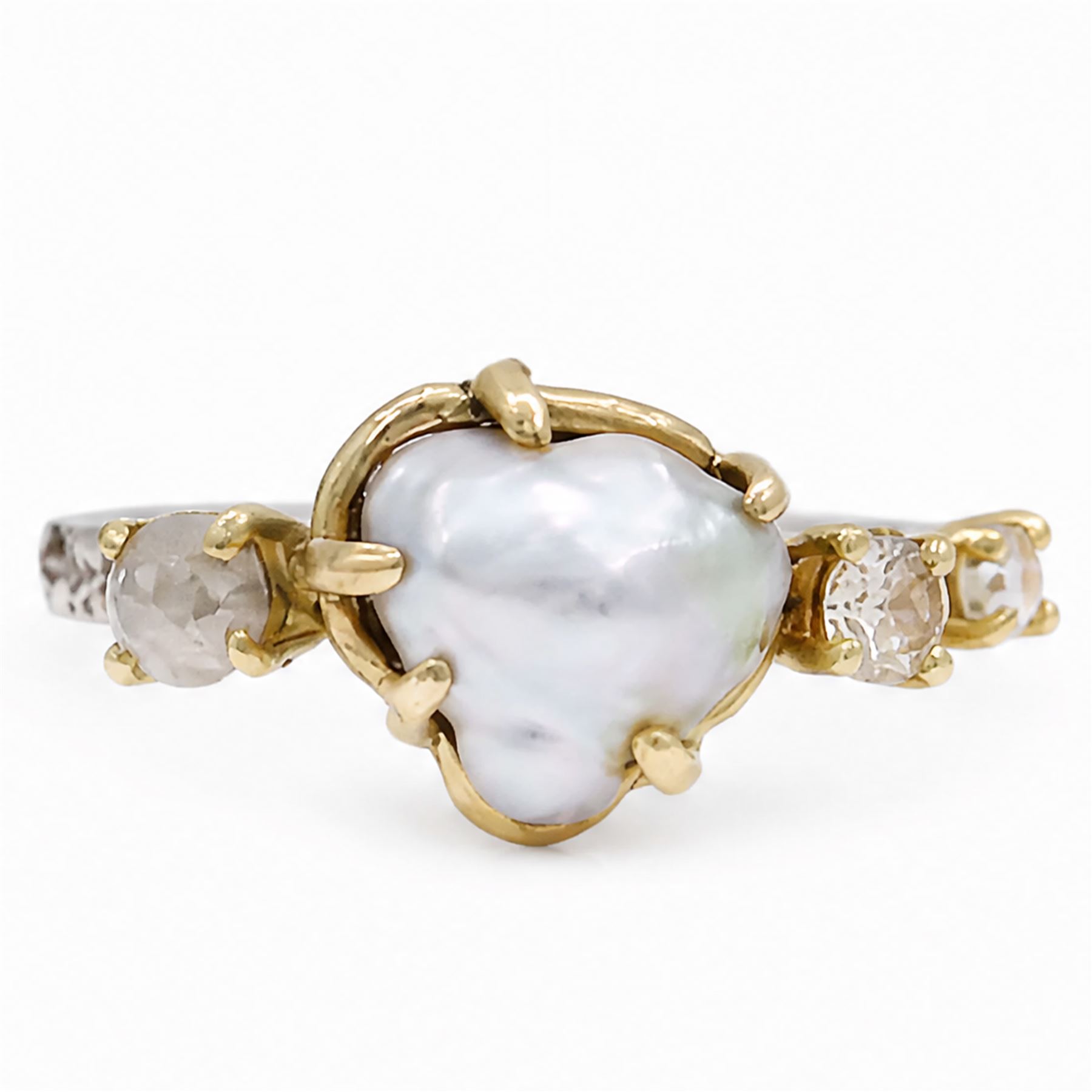 Silver and 9ct gold pearl and diamond ring by Susi Hines, single Keshi pearl set with a single round brilliant cut diamond and two rose cut diamonds, to a bark textured shank, London 2020