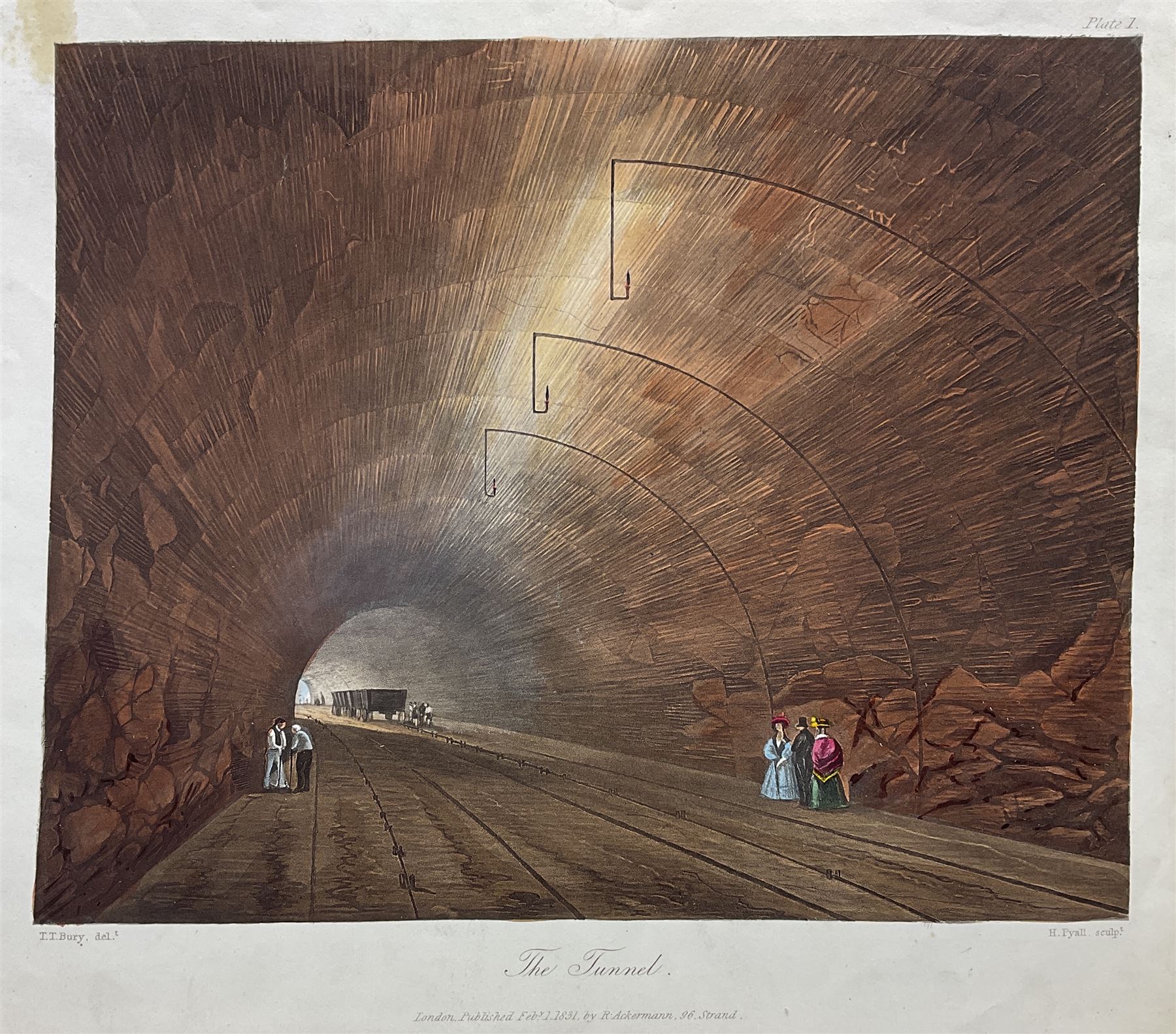 Henry Pyall and S G Hughes after Thomas Talbot Bury (British 1811-1877): Views on the Liverpool and Manchester Railway, twelve aquatints (two doubled up) with hand colouring pub. Ackermann c.1831-1833, 20cm x 25cm (12) (unframed)
Notes: Plates consist of: '[1] The Tunnel' (x2) (both 1831 and 1833 editions), '[2] Entrance of the Railway at Edge Hill Liverpool', '[3] Excavation of Olive Mount four miles from Liverpool', '[6] Entrance into Manchester across Water Street', '[8] Railway Office Liverpool', '[9] Warehouses at the end of the Tunnel towards Wapping' (x2) (both 1831 and 1833 editions), '[10] Moorish Arch looking from the Tunnel' '[11] Near Liverpool looking towards Manchester', '[12] Rainhill Bridge', '[13] Taking in Water at Parkside'.