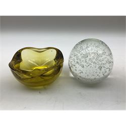 Pair of dark blue iridescent glass vases, together with large murano glass bowl with fluted edges, bubble glass paperweight, and a yellow glass bowl 