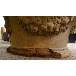  20th century terracotta circular planter, lobe moulded rim, body decorated with floral garlands, planted with shrub, D55cm  