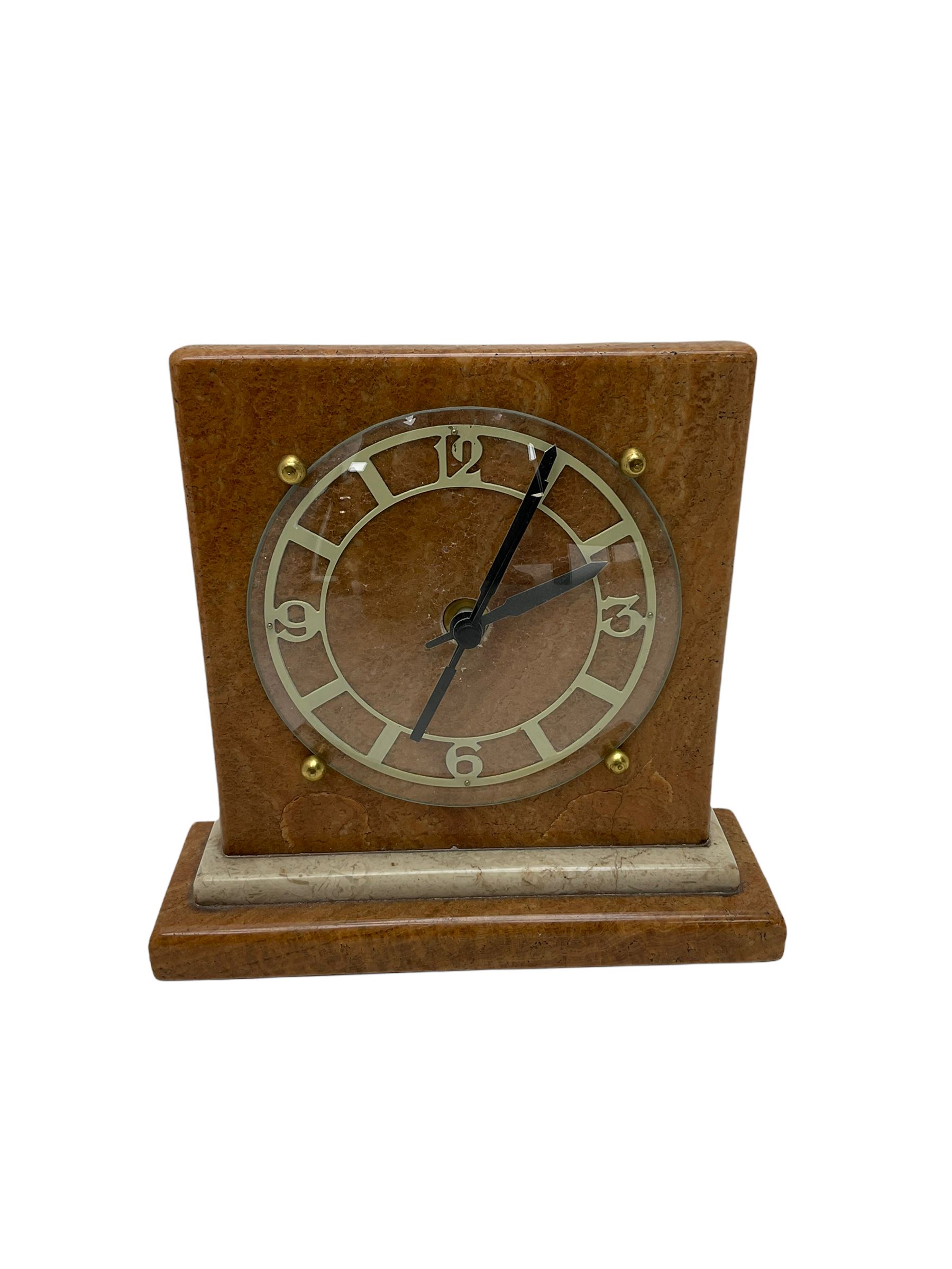 Battery driven marble mantel clock in the Art Deco style and a brass finished carriage clock. Both with quartz movements