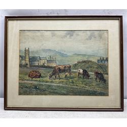 GWR (British Early 20th century): Cattle Grazing in a Town-side Pasture, pair watercolour signed and dated 1910/1912, 28cm x 38cm (2)