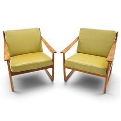  Peter Hvidt and Orla Molgaard-Nielsen for France & Sons - pair of Model FD-130 teak framed easy armchairs, with green upholstered loose cushions 